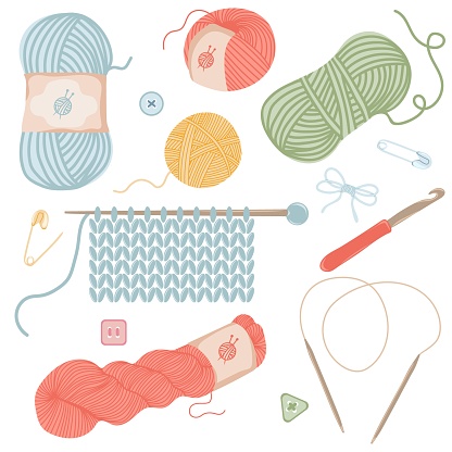 Set of knitting elements: yarn, knitting needles and crochet hooks. Female hobby. Hand drawn vector illustration of knitting supplies, hobby items, leisure time concept