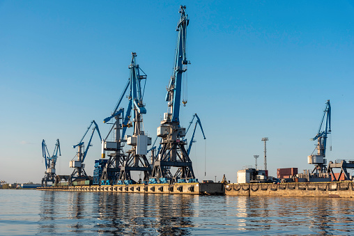 Riga, Latvia - May 6, 2022: view to one of Riga cargo port terminal