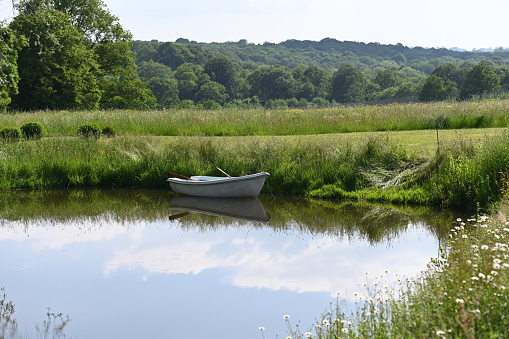White rowing boat on a landscaped pond on a farm in rural Kent in Summer