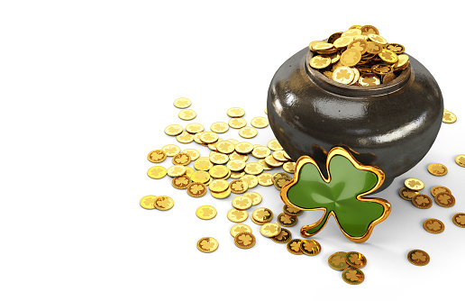 St. Patrick's Day concept. Pot with golden coins, shamrock. Isolated with clipping path. 3d illustration.