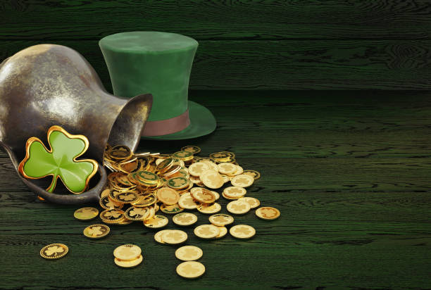 St. Patrick's Day concept. Pot with golden coins, shamrock, green hat St. Patrick's Day concept. Pot with golden coins, shamrock, green hat. 3d illustration afternoon picture stock pictures, royalty-free photos & images