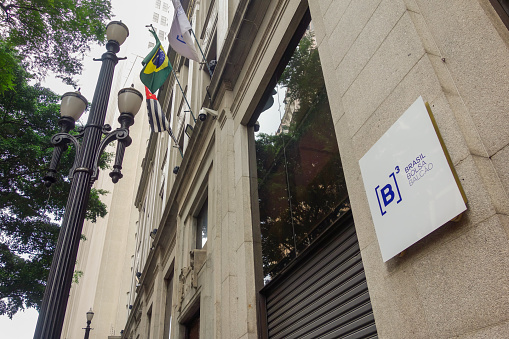 Sao Paulo, Brazil - 01.28.23: facade of old B3 Bovespa stock exchange building, with company logo