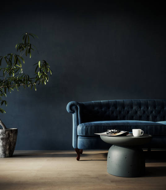 istock Interior with blue sofa and empty dark blue wall background. Living room 1460323410