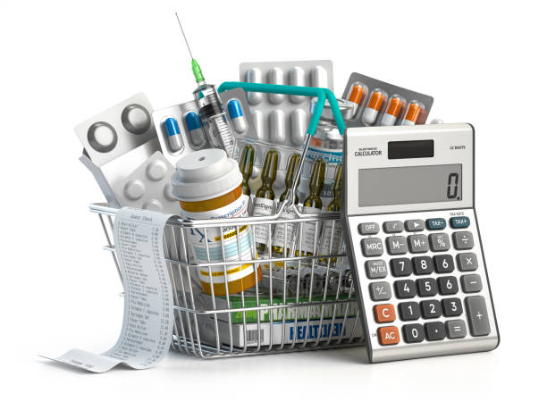 Shopping basket full of medicine, and pills with calculator. Calculating costs of health care and expensive pharmacy concept. Shopping basket full of medicine, and pills with calculator. Calculating costs of health care and expensive pharmacy concept. 3d illustration medical trolly in hospital stock pictures, royalty-free photos & images