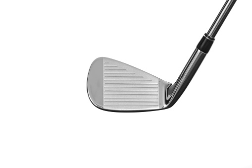 Isolated on a white background, a single golf club head shown in a side face view. Ideal for sports equipment and events concepts.