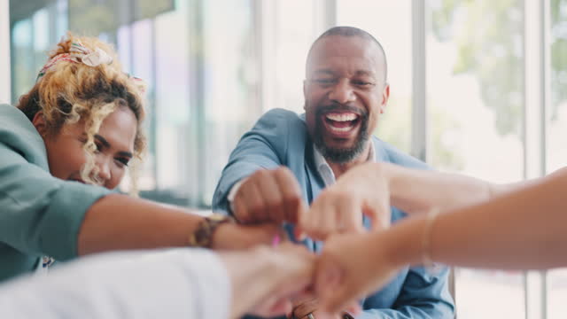 Business people, fist bump or office meeting clapping, teamwork collaboration or financial planning success. Smile, happy workers or cheering financial men, excited women or applause diversity hands