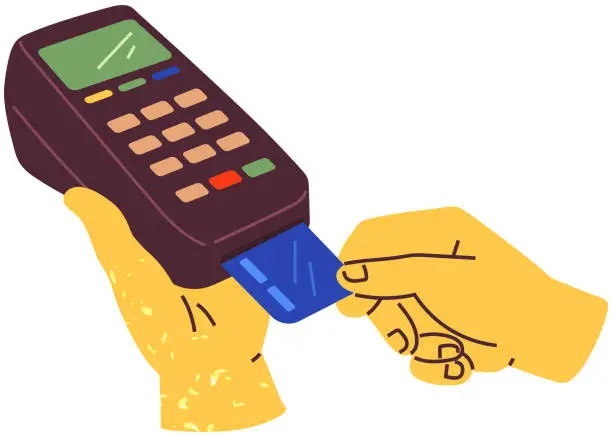 Vector illustration of Equipment for transferring funds from card. POS terminal for bank transactions. Device for payment