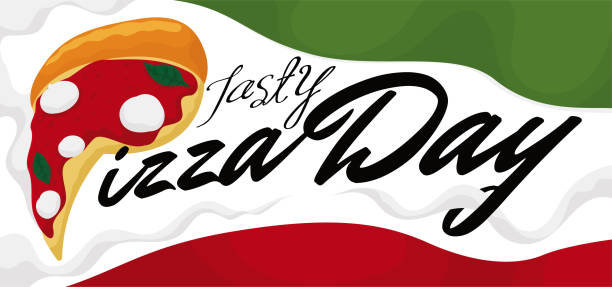 피자의 날을 축하하기 위해 찜찜한 슬라이스와 이탈리아 옷 - italy banner flag mediterranean cuisine stock illustrations