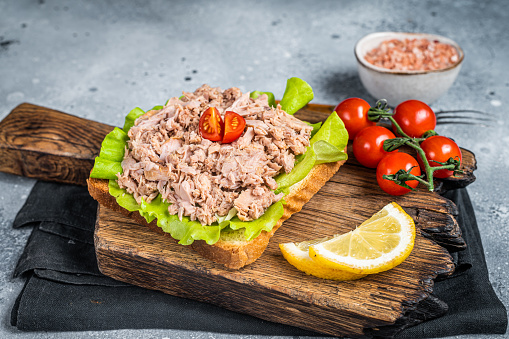 Toast with Canned Tuna fish fillet and salad. Gray background. Top view.