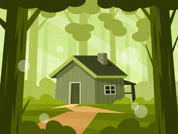 Vector illustration of Wooden cabin in forest