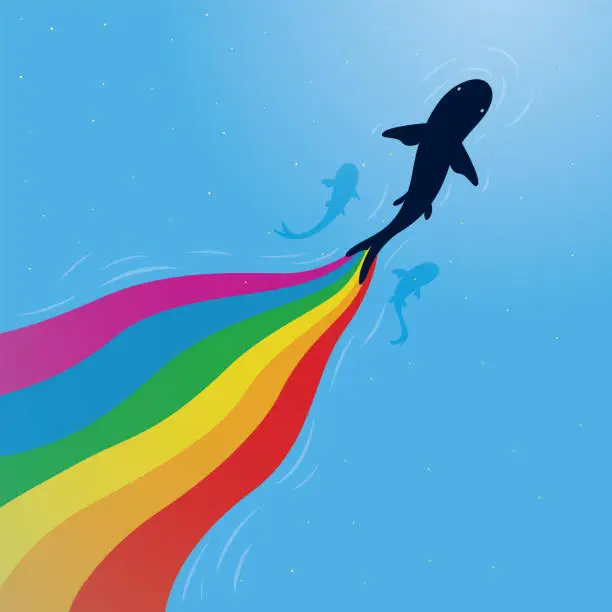 Vector illustration of Fish draws a rainbow over the water