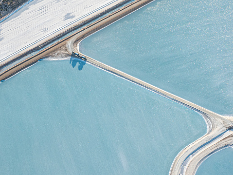 Aerial photo taken from a small plane showing a patchwork quilt of the salt works below at Useless Loop, Shark Bay, Western Australia