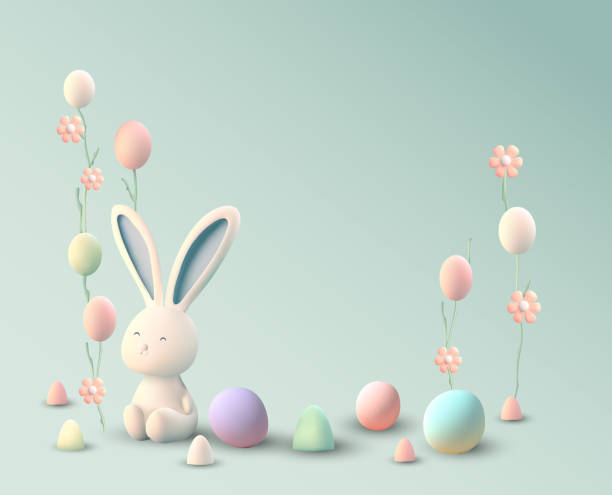 illustrazioni stock, clip art, cartoni animati e icone di tendenza di coniglietto pasquale con uovo, sfondo 3d tradizionale vettoriale colorato della stagione primaverile. - easter rabbit easter bunny easter egg