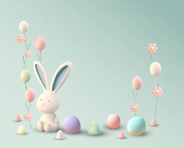 ilustrações, clipart, desenhos animados e ícones de coelhinho da páscoa com ovo, primavera estação colorida vetor tradicional fundo 3d. - easter rabbit easter bunny cartoon