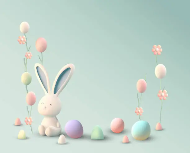 Vector illustration of Easter bunny with egg, spring season colorful vector traditional 3d background.