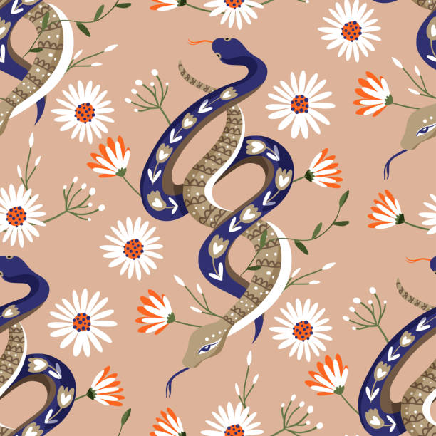 ilustrações, clipart, desenhos animados e ícones de fundo exótico do vetor da cobra selvagem, padrão sem costura da flor da decoração bonita - snake tropical rainforest animal rainforest