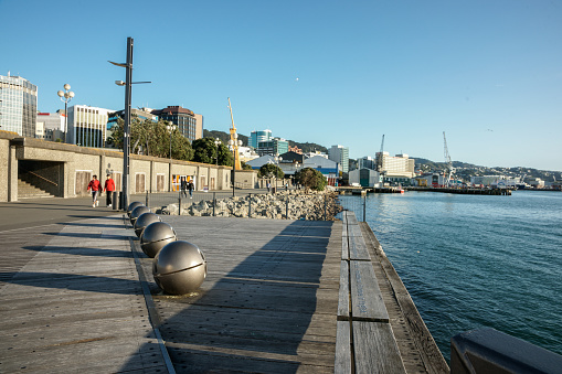 Wellington New Zealand - October 2 2010; City waterfront with focus on lightball public art installation on wharf.