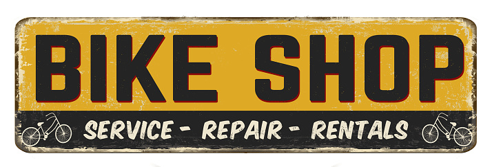Bike shop vintage rusty metal sign on a white background, vector illustration