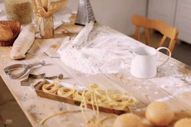 flour and bread products on the kitchen table