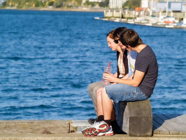 Wellington New Zealand - October 2 2010; three young people sitting on waterfront in city.
