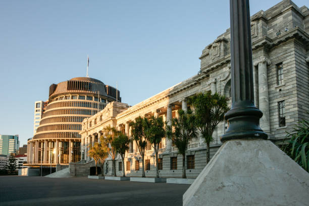 New Zealand Parliament and Beehive building in Wellington New Zealand Parliament and iconic  Beehive building in Wellington beehive new zealand stock pictures, royalty-free photos & images