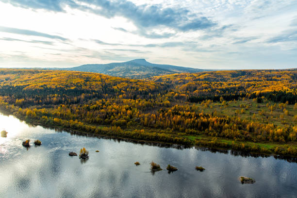 view of the vishera river from the vetlan cliff. perm krai. russia. - russia river landscape mountain range imagens e fotografias de stock