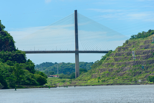 Culebra cut on the Panama Canal. Centennial bridge (Puente Centenario)  in the background