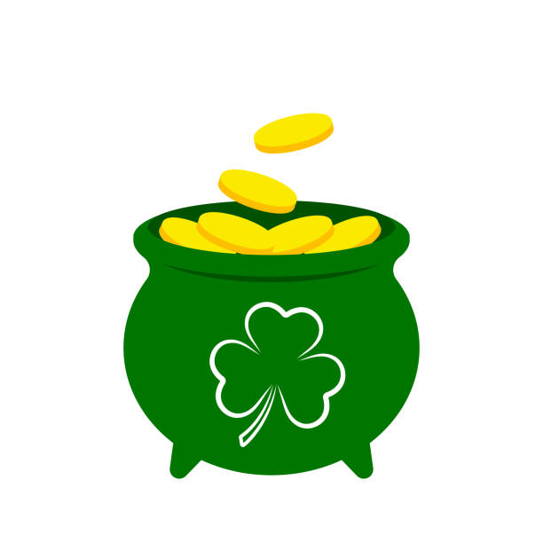 illustrazioni stock, clip art, cartoni animati e icone di tendenza di simbolo del giorno di san patrizio, pentola di denaro piena di monete d'oro, illustrazione vettoriale - leprechaun st patricks day cartoon luck