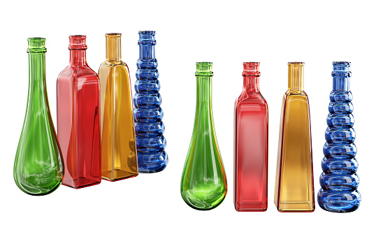 Home decor and accents. Vibrant, multicolored glass bottles set. Home decorative accessories. Isolated interior colorful objects over white. 3d rendering