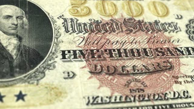 United States America Treasury Notes 5000 Banknotes, Five Thousand America Treasury Notes, Close-up and macro view of the America Treasury Notes Dollar, Tracking and Dolly Shots 5000 America Treasury Notes banknote Observe and Reserve Side - 1878