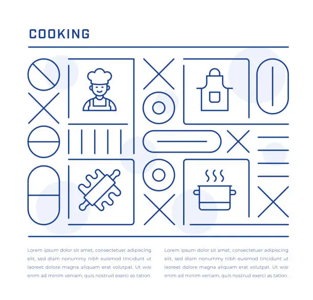 Vector illustration of Cooking Web Banner Design with Chef, Rolling Pin, Saucepan, Apron Line Icons