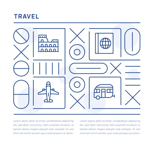Vector illustration of Travel Web Banner Design with Travel, Passport, Airplane, Caravan Line Icons