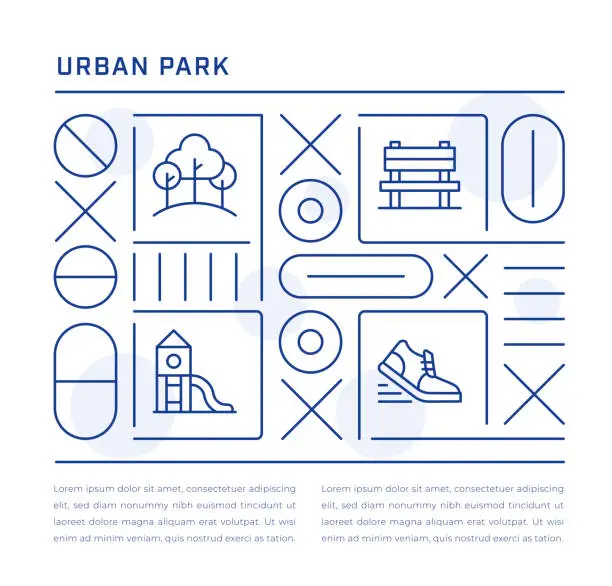 Vector illustration of Urban Park Web Banner Design with Forest, Bench, Playground, Running Line Icons