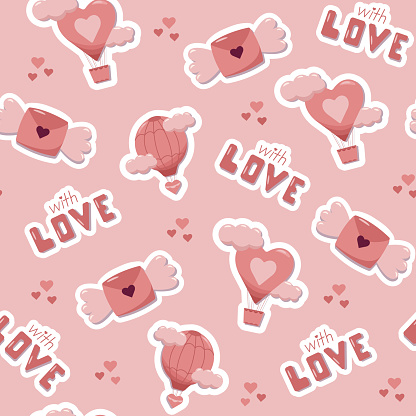Valentines day concept seamless pattern with vector cute cartoon stickers, air balloons and letters. Pink background for wrapping paper and gift boxes