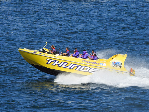 One of the jet boats operating on Sydney Harbour.  This image was taken on a sunny afternoon from Mrs Macquarie's Chair on 28 January 2023.