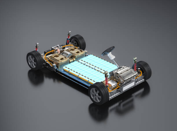 istock Electric car with pack of battery cells module on platform 1460362933