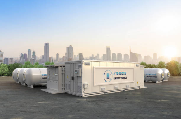 Energy storage system or battery container unit with hydrogen power stock photo