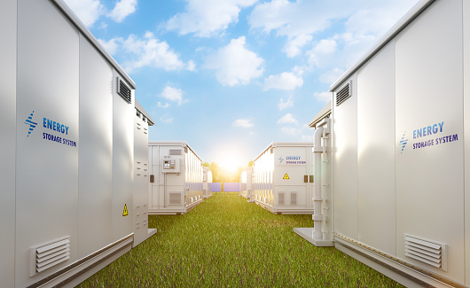 3d rendering group of energy storage systems or battery container units alley on field