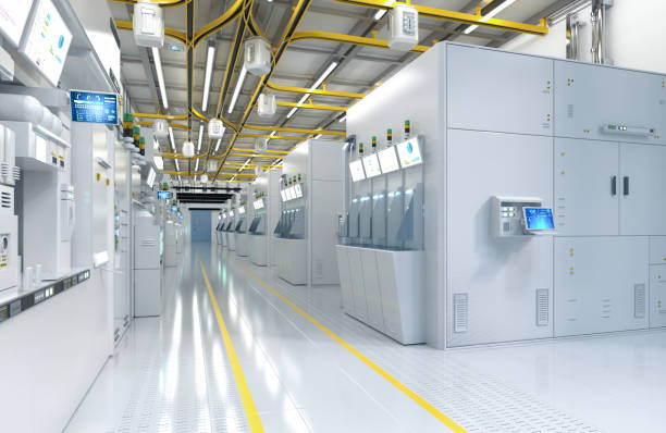 istock White futuristic semiconductor manufacturing factory or laboratory interior with machine and computer screen 1460363237