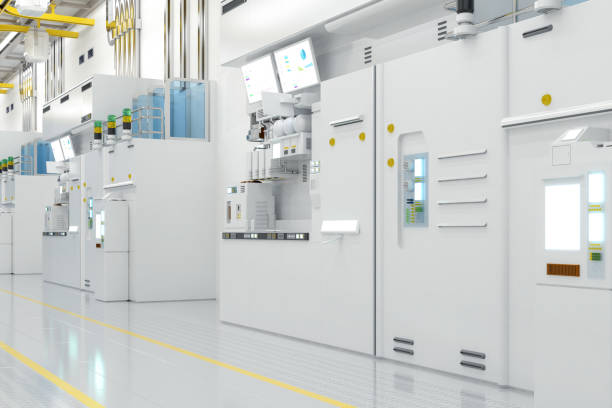 istock White futuristic semiconductor manufacturing factory or laboratory interior with machine and computer screen 1460363247
