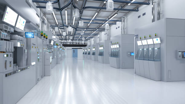 istock White futuristic semiconductor manufacturing factory or laboratory interior with machine and computer screen 1460363248