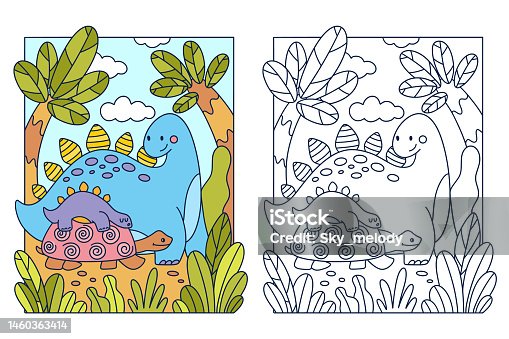 istock Cute cartoon colouring book page with Stegosaurus dinosaur mom and baby. 1460363414