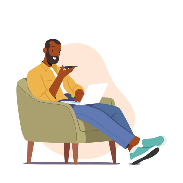 ilustraciones, imágenes clip art, dibujos animados e iconos de stock de personaje masculino sentado en un sillón con teléfono inteligente y computadora portátil aislados sobre fondo blanco. hombre relájate, trabaja - afro man