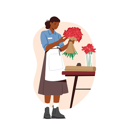 Florist Profession, Job, Flower Shop Stuff Working. Saleswoman Making Flower Bouquets, Caring of Plants, Creating Design Compositions for Customers or Clients. Cartoon People Vector Illustration