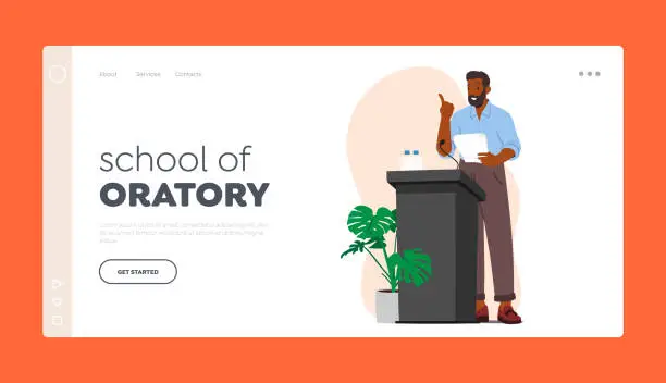 Vector illustration of School Of Oratory Landing Page Template. African Speaker Male Character Reporting Or Announcing During Press Conference