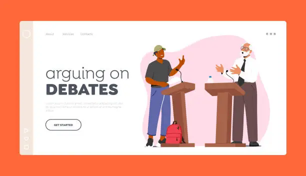 Vector illustration of Arguing On Debates Landing Page Template. Dialogue Between Young And Senior Men Behind The Podium