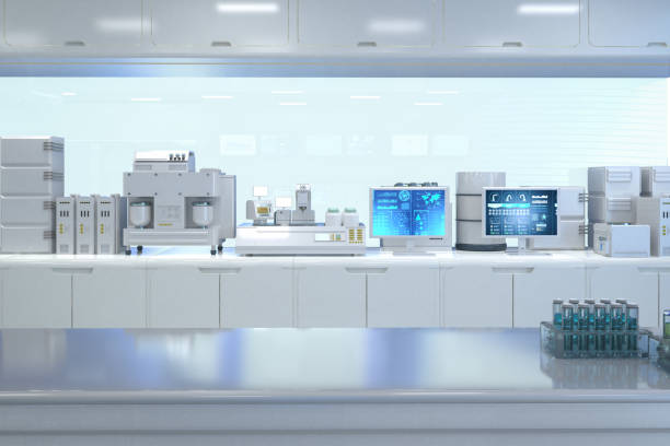 istock white futuristic digital laboratory with machine, computer screen and test tubes 1460364859