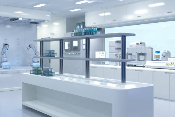 istock white futuristic digital laboratory with machine, computer screen and test tubes 1460364871