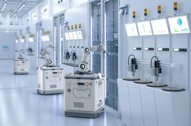 istock Automation semiconductor manufacturing with robotic arms in factory 1460364959