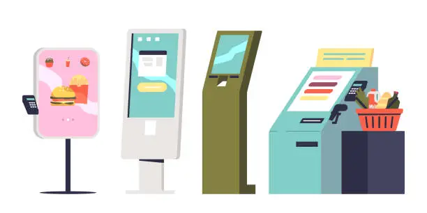 Vector illustration of Online payment systems and self-service terminals set. NFC payments, pay desk in supermarket